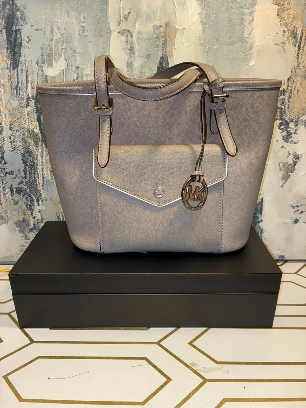 EUC Michael Kors Taupe Saffiano Leather Tote with MK Charm